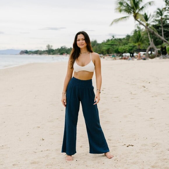 Lotus & Luna Wide Leg Cotton Pants in Color: Pacific Dark Teal Blue S - Picture 4 of 16